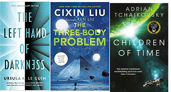 Book covers for Left Hand of Darkness, Three-Body Problem, and Children of Time