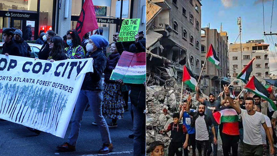 Two photos, two demonstrations, one against the Atlanta area Cop City project, the other in Gaza against the war amidst the rubble
