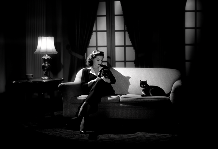 Illustrating Noir theme with woman sitting in darkened room with the cat.